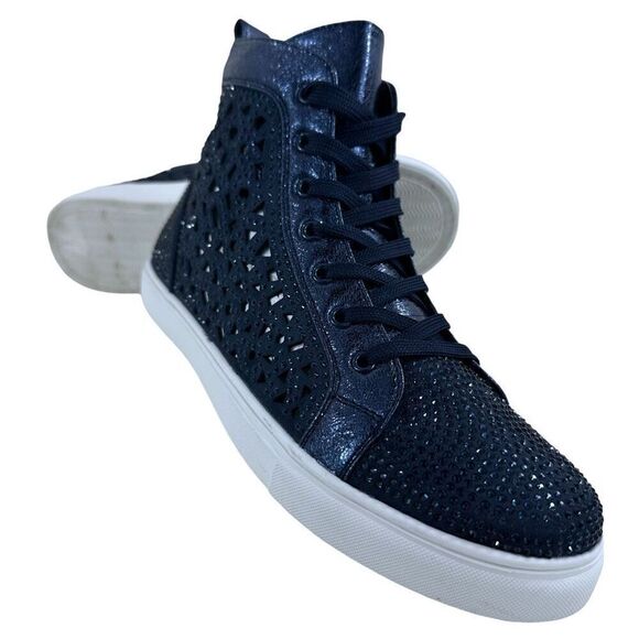 No Brand Shoes - Lady Couture Flat Laser Cut High Top Bling Rhinestone Sneaker Navy Women's Size